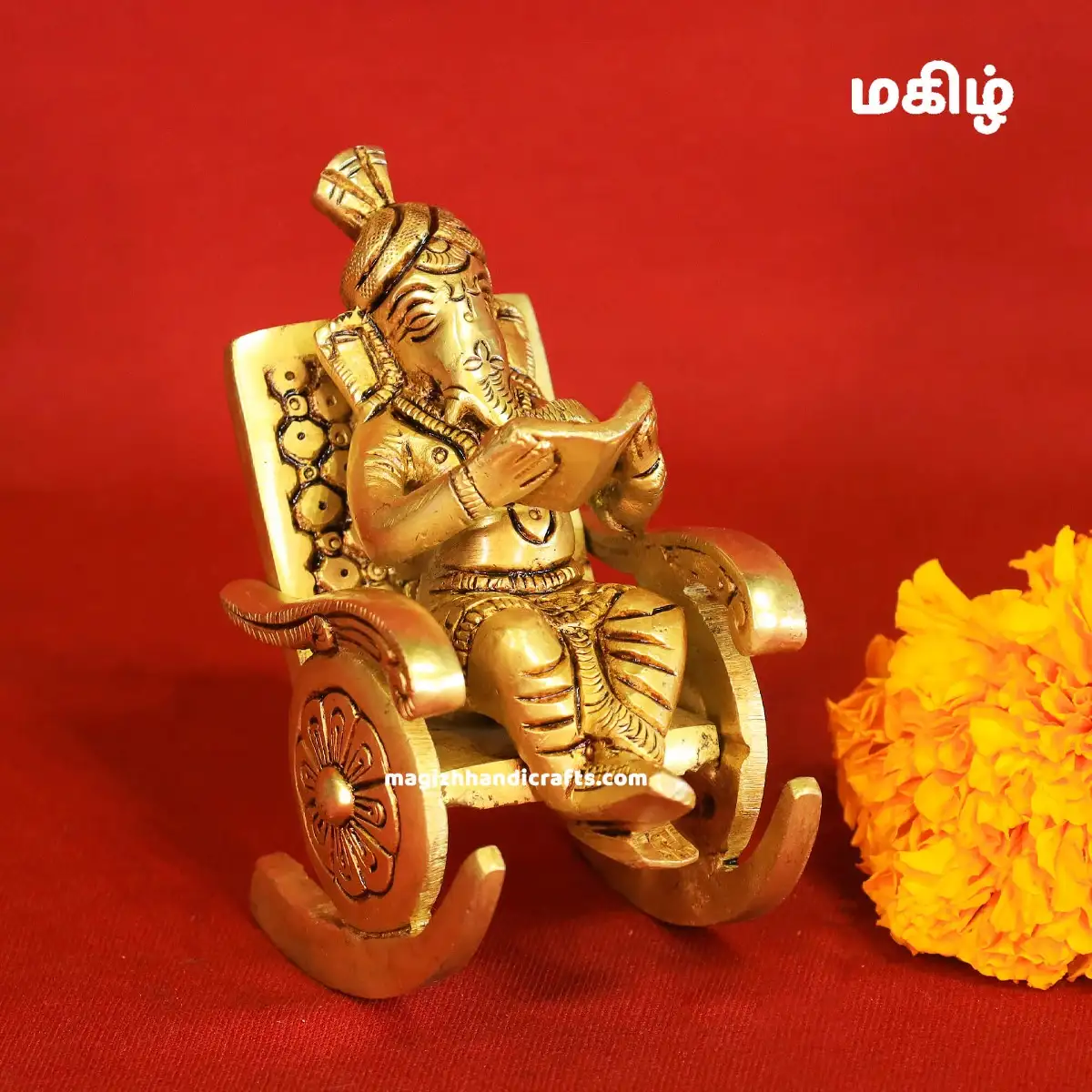 Brass Chair Ganesha reading book - 4 inches - image 1