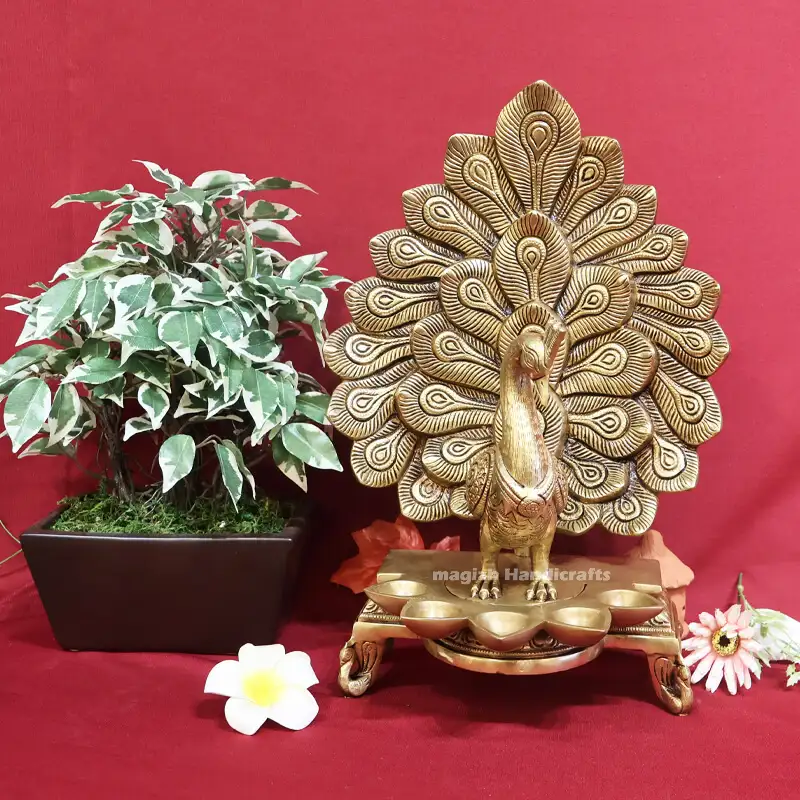 15 inches Brass Peacock 5 face lamp with stand SC - image 1