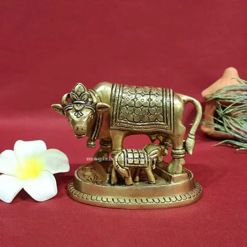 4 inches Brass Cow and calf Flower Idol with peedam SC - image 1