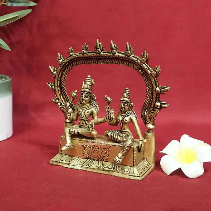 6 inches brass Sitting Lord Shiva and Parvathi with Thiruvachi and Peetam - image 2