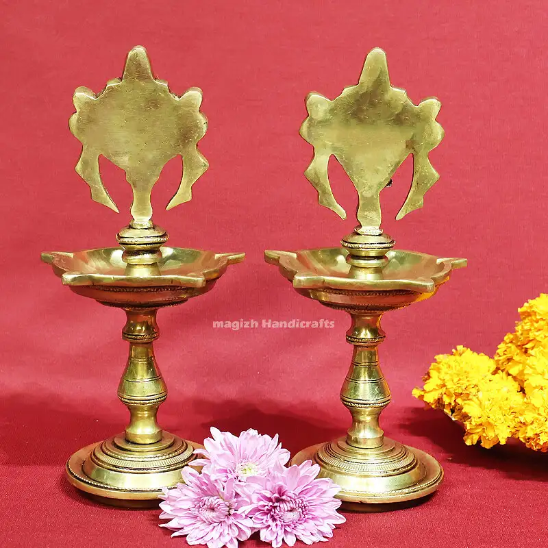 Brass Sangu Chakram Vilakku with stand 9 inches - image 2