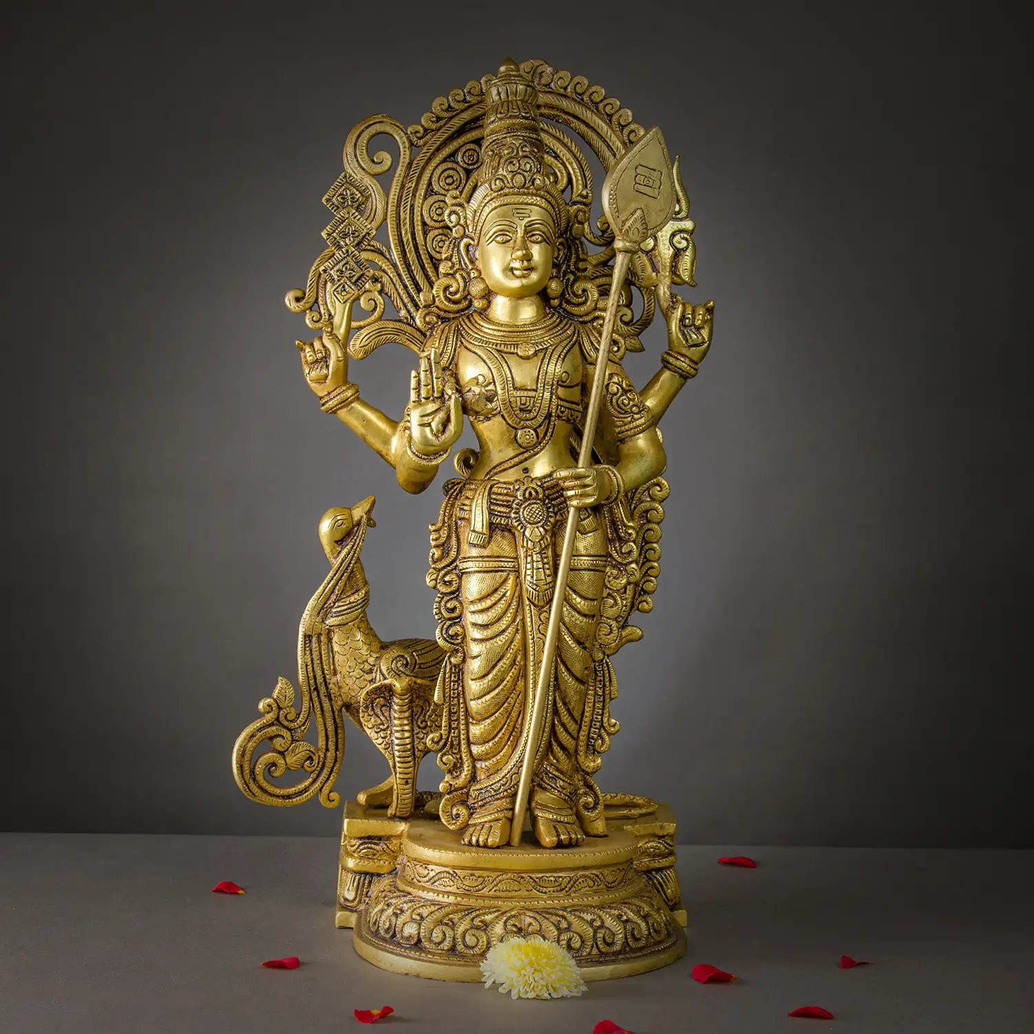 21 inches Brass Standing Murugan Vel and Mayil behind idol - image 1