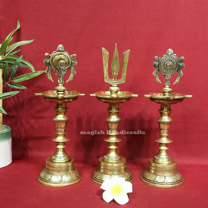 12 inches Brass Perumal Sangu Chakram and Namam Kuthu Vilakku SC - image 1