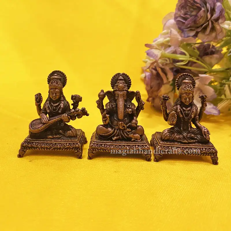 Copper Ganesha Lakshmi Saraswathi idol 2 inch - image 2
