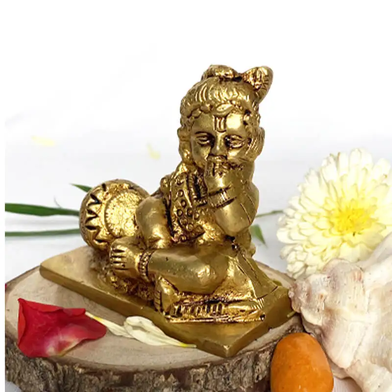 Brass matka Medium lord krishna idol with pot for pooja room and car dashboard 2.5 inches - image 2