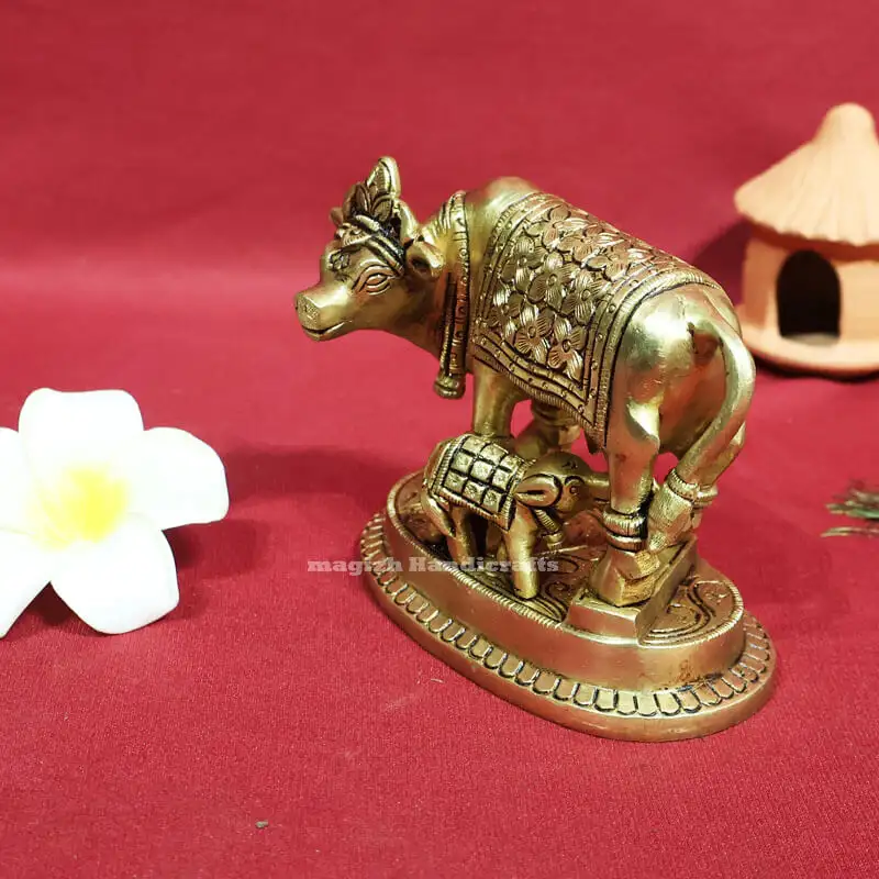 4 inches Brass Cow and calf Komatha Flower Idol with peedam SC - image 2