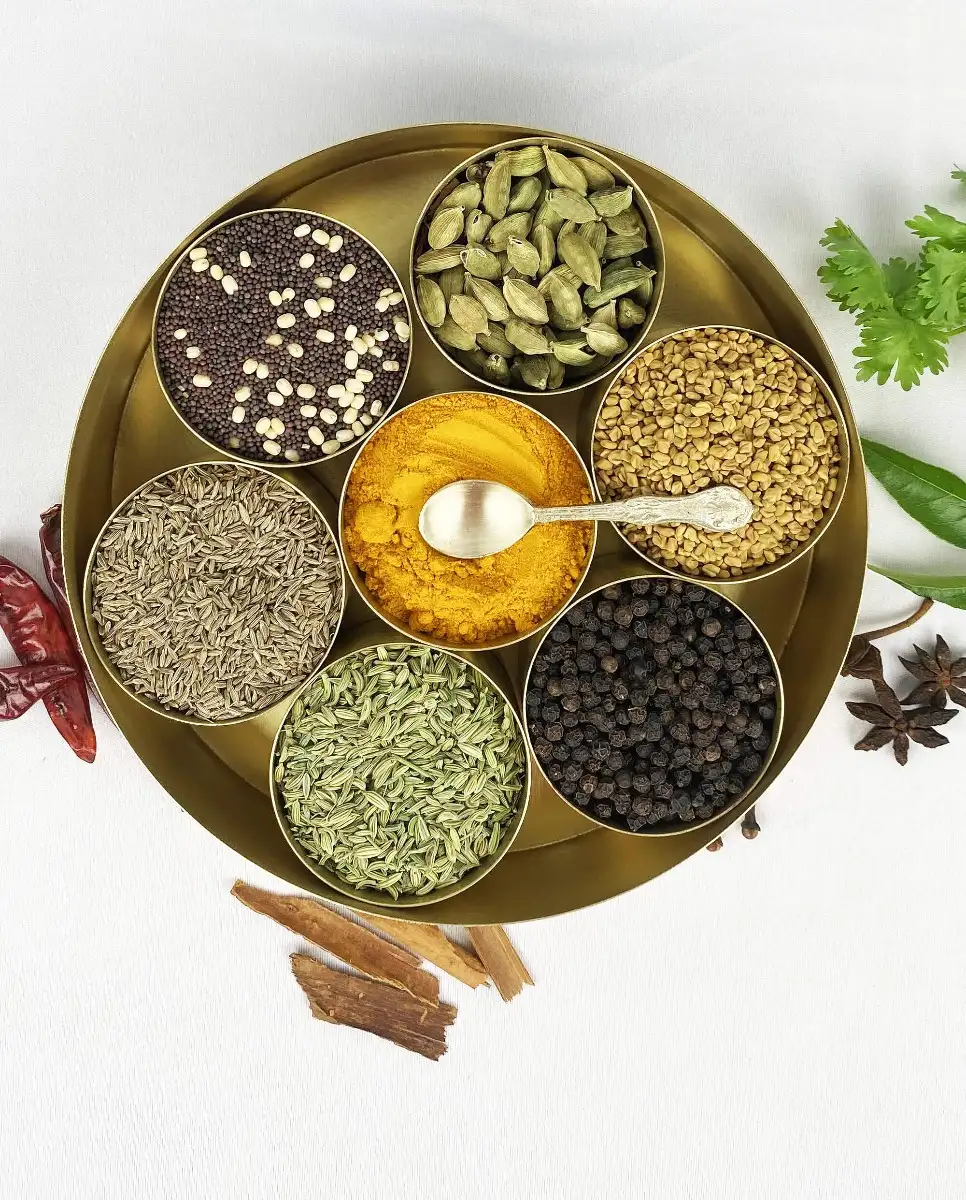 Brass unique engraved masala spices box dabba with brass spoon 7 containers - image 2