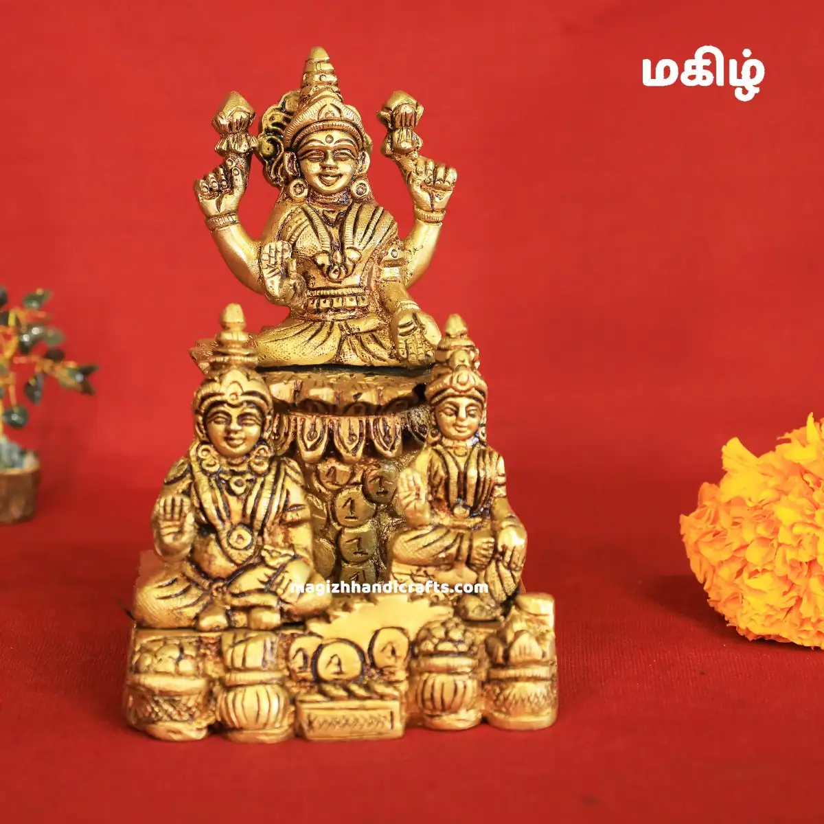7" Brass Lakshmi on Lotus with Kuber, Wife, and Wealth Base Idol - image 1