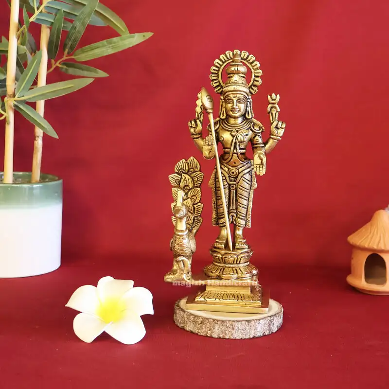 Brass Vel Murugan with Peacock idol 8 inches - image 1