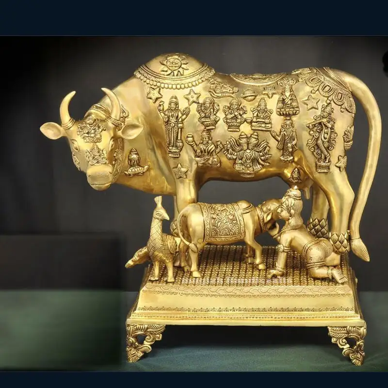 18 inches Brass Cow and calf/Kamadhenu Idol with Krishna Peacock with peetam SC - image 1