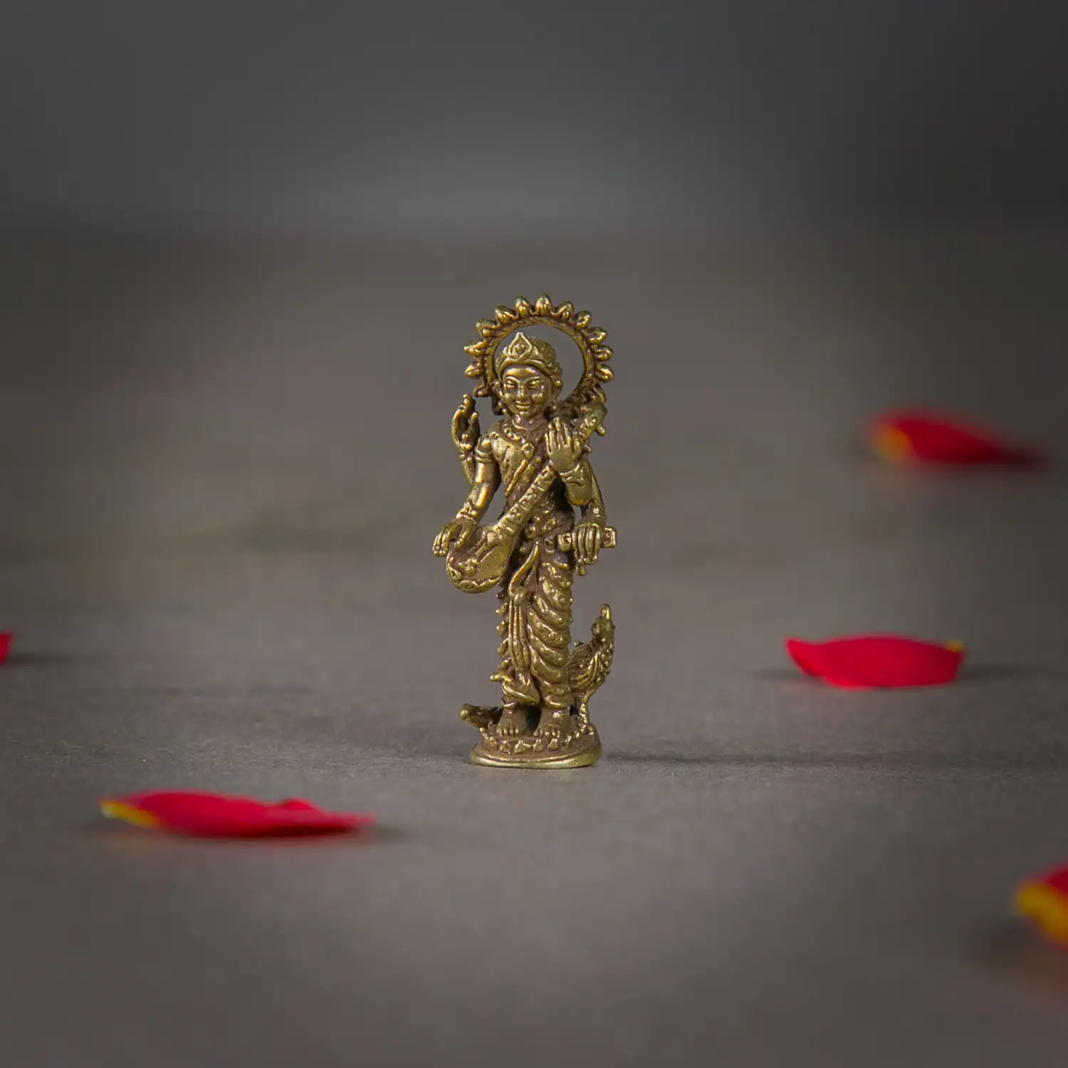 1 inch miniature brass standing Saraswathi with Peacock Idol - image 1