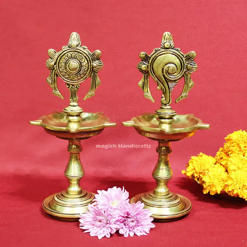 Brass Sangu Chakram Vilakku with stand 9 inches - image 2