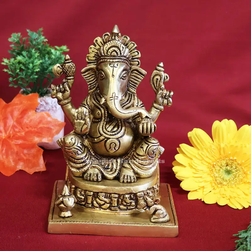 6 inches Brass Sitting Ganesha Idol Rec Base SC - image 1