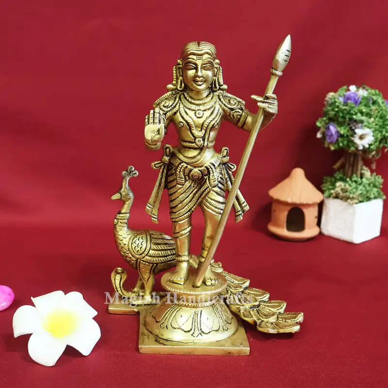 Brass Bala Murugan idol with peacock and Vel - image 1