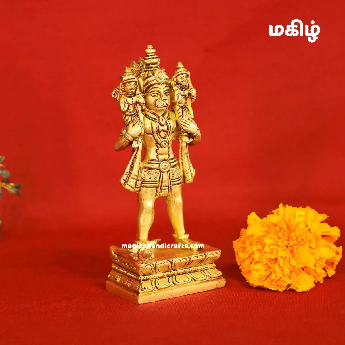 Brass Standing Hanuman with Ram and Lakshman idol - 7 inches - image 2